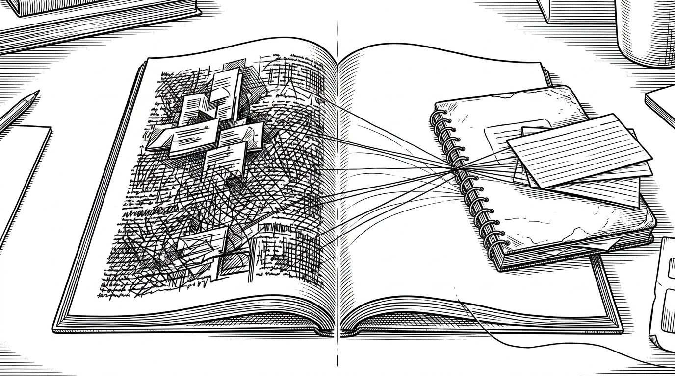 An academic paper is split by a sharp visual seam into two worlds. One side feels dense and abstract, the other side feels like a reader's notes, cards, and threads reaching back into the text. It explains that this skill compares a paper with stored context instead of compressing it in isolation.