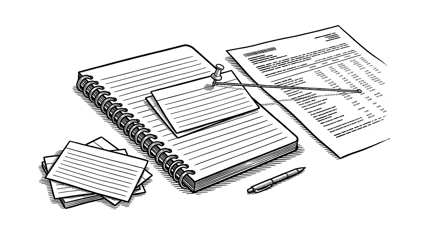 A close-up desk scene shows a notebook, a stack of index cards, and a paper printout pulled side by side. One card is pinned beside a claim with a thin thread of tension between them. It explains how the skill turns memory into an active participant in reading.