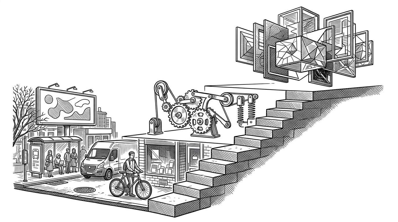 A staircase rises from an ordinary scene into a more abstract machine. The lower steps are grounded in everyday objects, while the top step suggests a technical concept arriving only after the climb. It shows that the skill delays jargon until the explanation has already earned it.