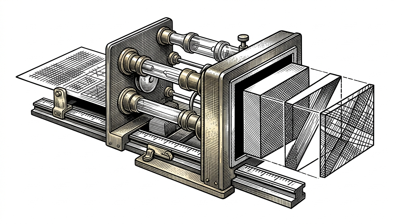 A prompt card moves through an old diagnostic machine and comes out as a structural skeleton with three distinct layers. The image explains that the repo does not just improve wording, it reveals the hidden shape of a prompt.