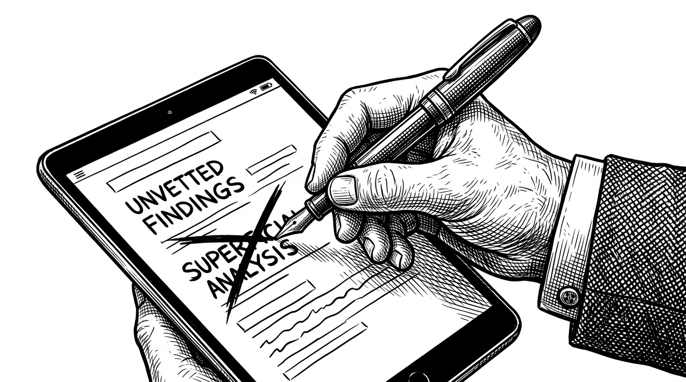 A close-up of a professor's hand holding a red fountain pen, crossing out text on a digital tablet.
