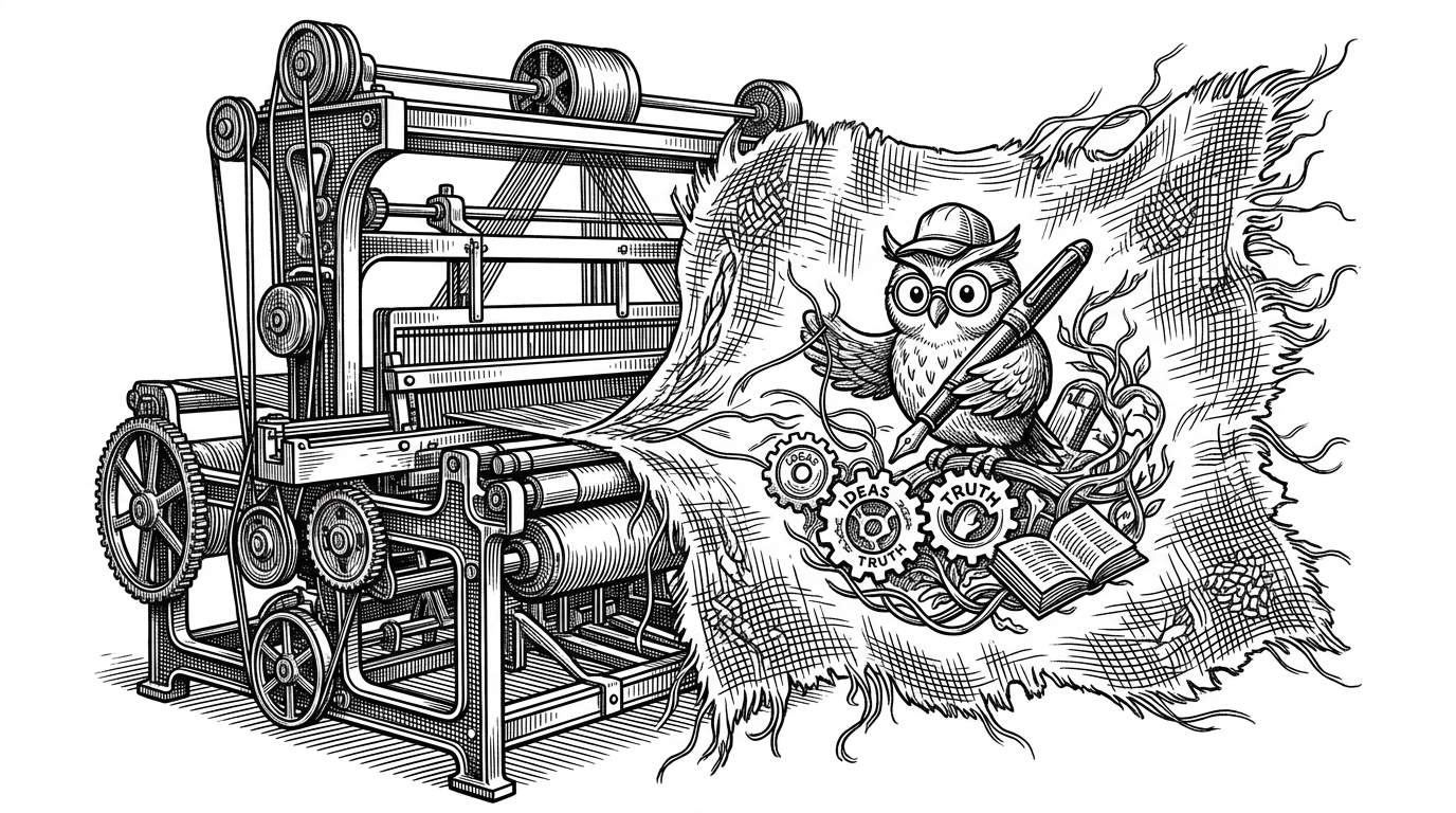 A highly structured mechanical loom weaving a fraying, organic tapestry, representing the tension between deterministic code and human-like output.
