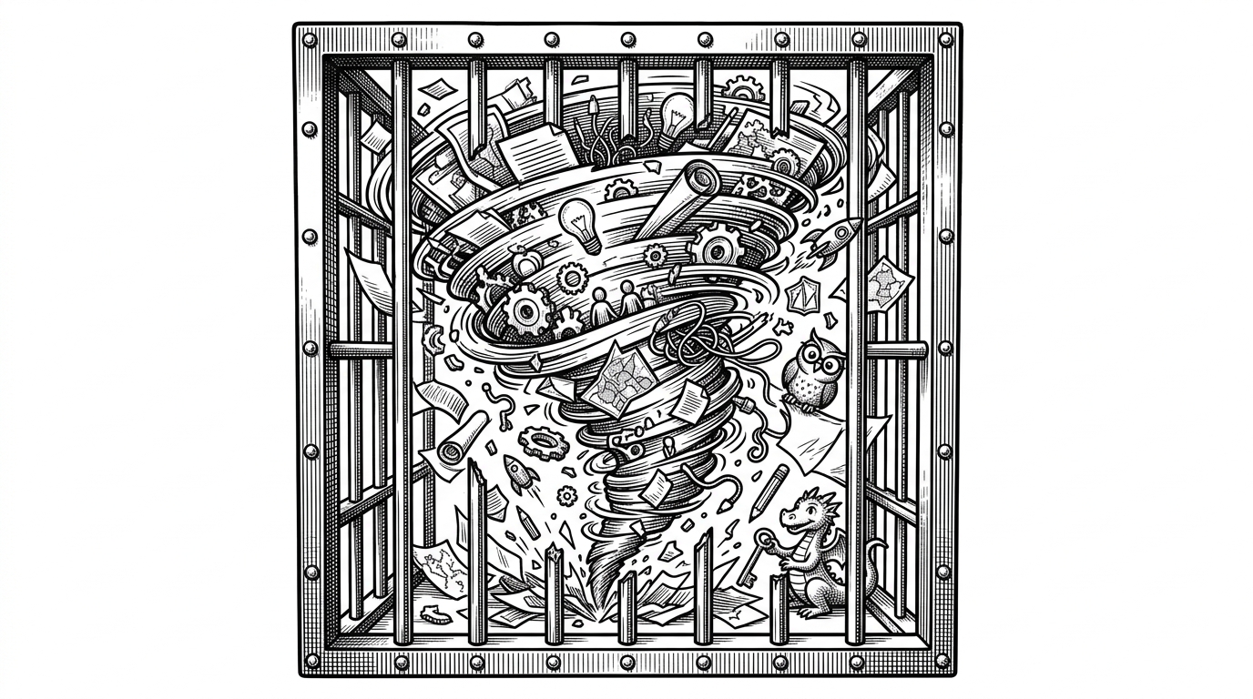 A chaotic tornado of debris trapped inside a heavy iron vault, illustrating an unpredictable LLM constrained by strict physical boundaries.
