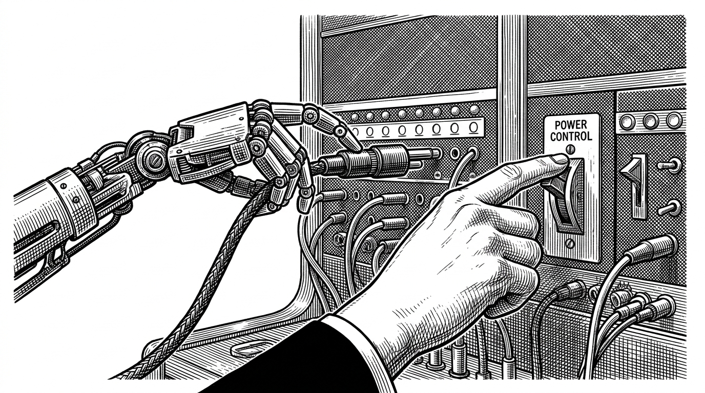 A 1920s telephone operator switchboard where a mechanical arm tries to plug in a cable, but a human hand holds the power toggle switch.