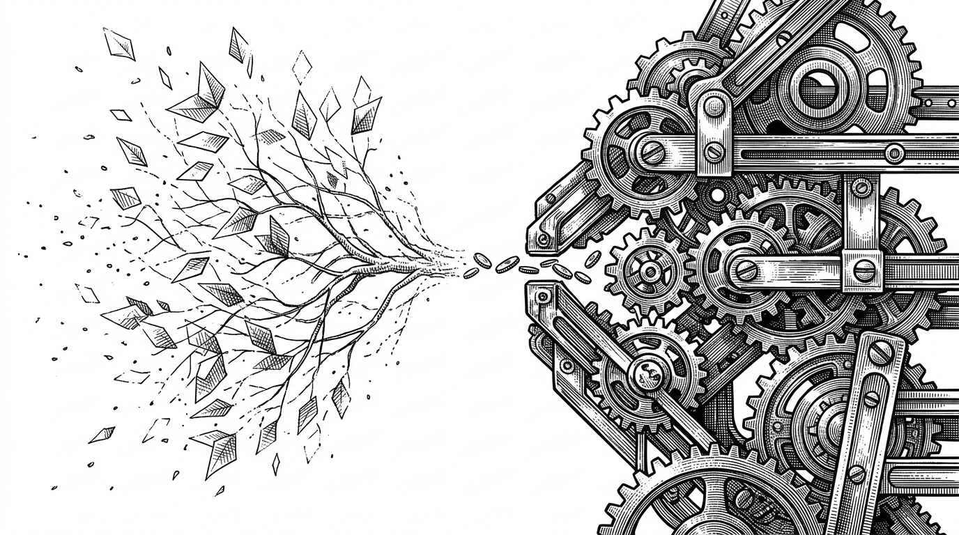 A wide black-ink editorial scene showing a fragile, translucent tree on one side and a dense machine-like tree on the other. A thin stream of changes passes through the center and only a few parts of the machine move, explaining how Xilem separates transient view descriptions from persistent widget state.