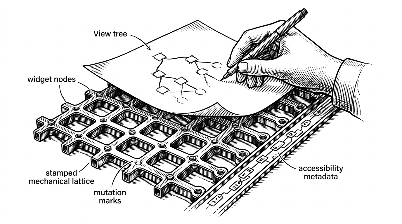 A close editorial view of a workbench with a sheet of paper on top of a metal grid. New view instructions are written on the paper, but only a few stamped changes travel down into the grid of widget nodes, while a side lane carries accessibility metadata in parallel. The scene explains that reconciliation touches only specific runtime nodes.