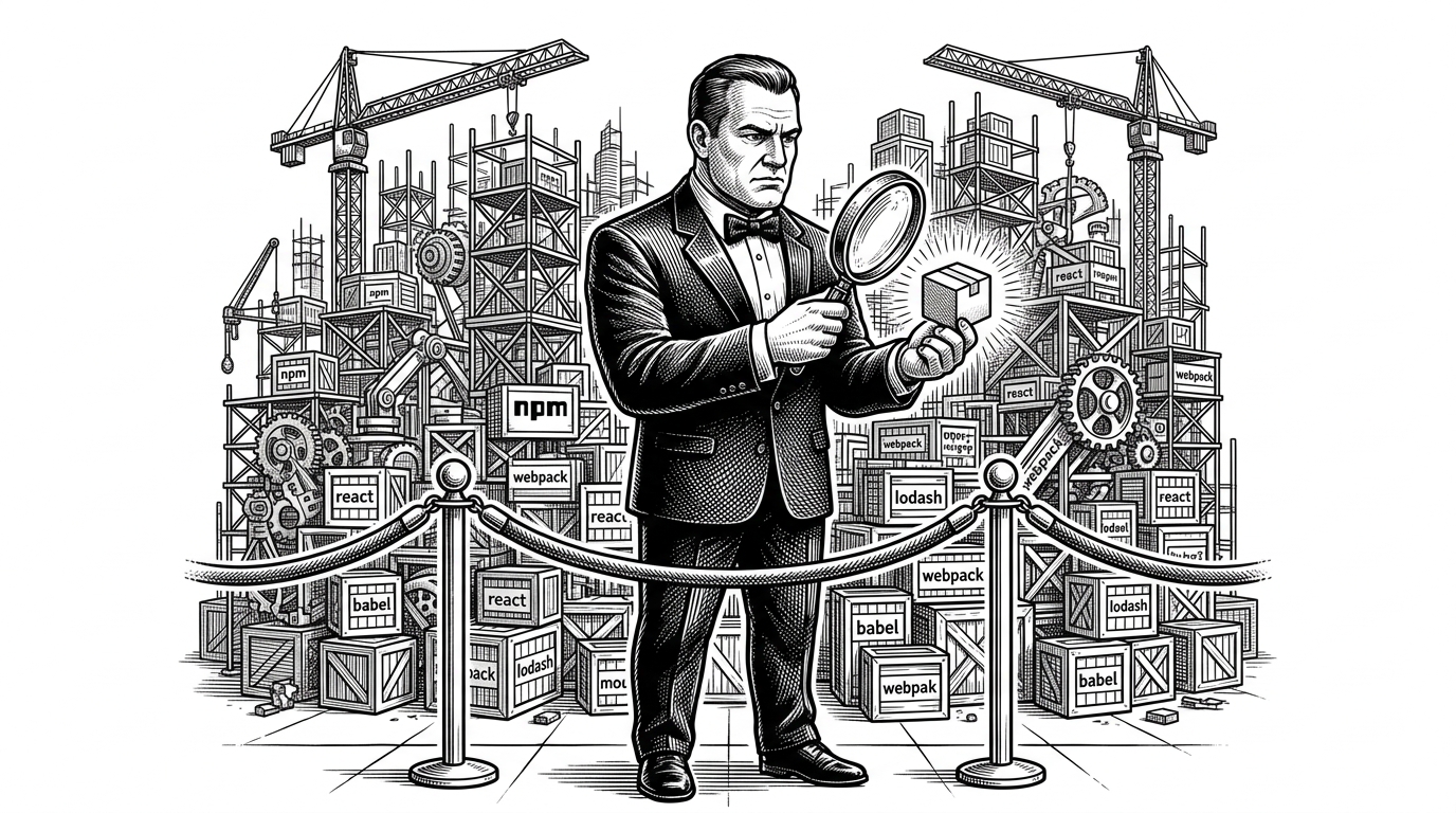 A tuxedoed bouncer standing in front of a velvet rope checking a package with a magnifying glass