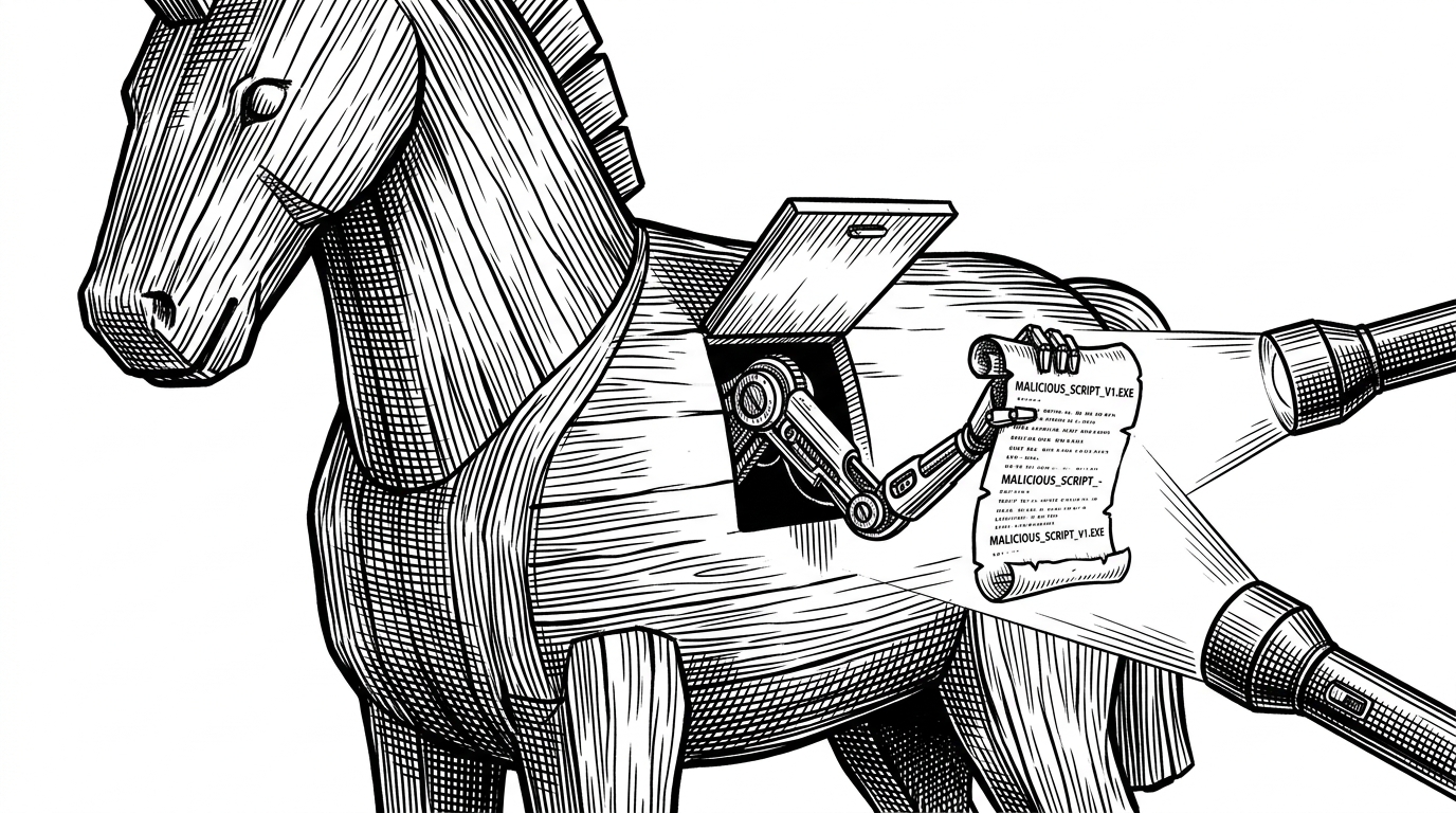 A wooden Trojan Horse with a mechanical arm holding a script scroll inside a small hatch