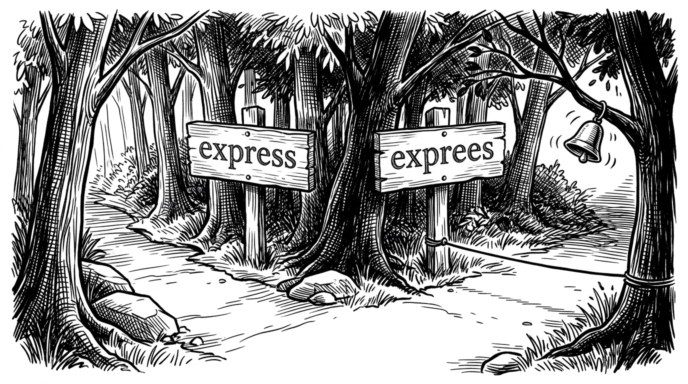 Two identical signposts in a dark forest, one misspelled, with a tripwire attached