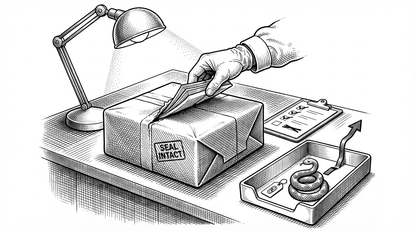 A close-up editorial illustration of a sealed parcel on a steel inspection counter under a lamp, with a gloved hand cutting the seal and lifting out stacked paper bundles. A clipboard checklist beside the parcel shows four items, three checked and one struck through, while a return tray holds two rejected objects: a coiled snake labeled as a symbolic link and an arrow pointing backward labeled with a path that climbs out of the box. The scene turns CCBaga's defensive archive extraction into a customs inspection, where authentication and content checks are two separate gates.