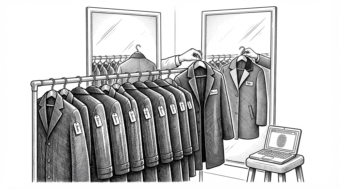 A wide editorial illustration of a walk-in closet filled with identical dark coats on a rail, each coat carrying a small paper name tag. A hand at the right lifts one coat off the rail while another hangs half-replaced, and a mirror behind the rail reflects a figure whose tag reads a different name. The scene fuses the two halves of CCBaga, identity switching and a companion browser profile, into a single wardrobe metaphor.