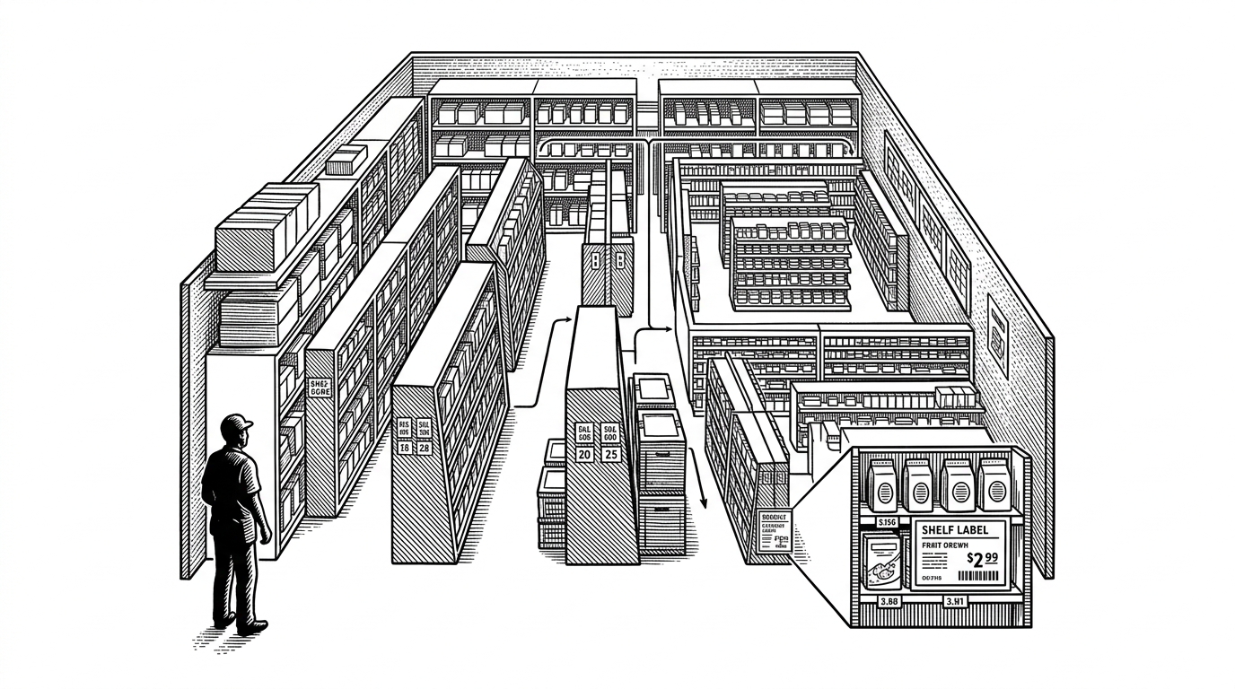 A retail stockroom shown as a nested physical map, with a worker standing at the edge of the space and paths narrowing from store to zone to shelf. The image explains that this OMS is built to locate inventory at the level where a person can actually walk to it.