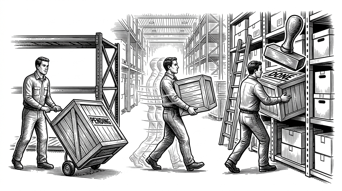 A staged transfer shown as a physical relay between two points, with a box marked pending on one side and the same box arriving at a new shelf marked done on the other. The image explains that stock movement is modeled as a process, not a single database update.