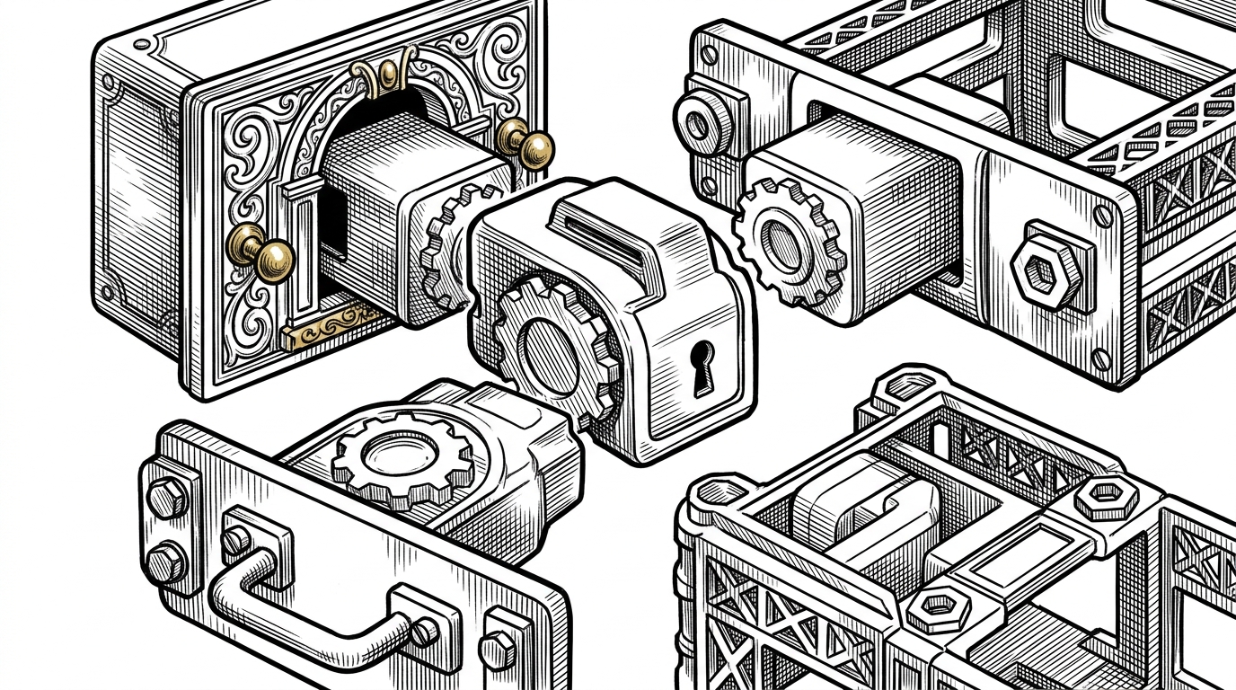 A close-up editorial scene shows one reusable partial module being inserted into three different containers: header options, footer widget, and contact block. The same core bundle is reused unchanged while the surrounding contexts differ, illustrating how partials prevent duplication and keep field definitions consistent.
