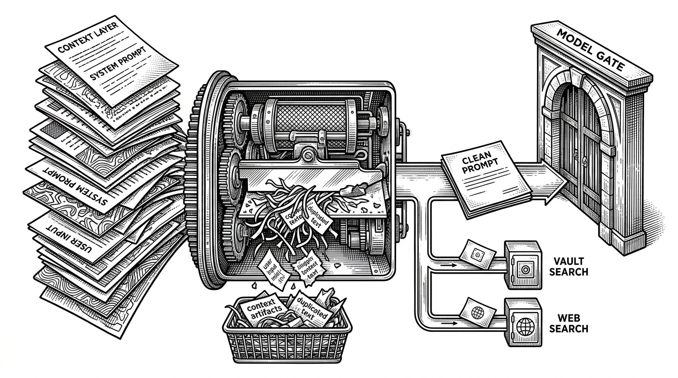 A close-up mechanical pipeline with stacked context cards labeled as successive layers, a filter chamber removing clutter, and a clean packet exiting toward a model gate while side channels route search and tool output elsewhere. The image explains how prompt pruning keeps the agent loop from collapsing under its own history.