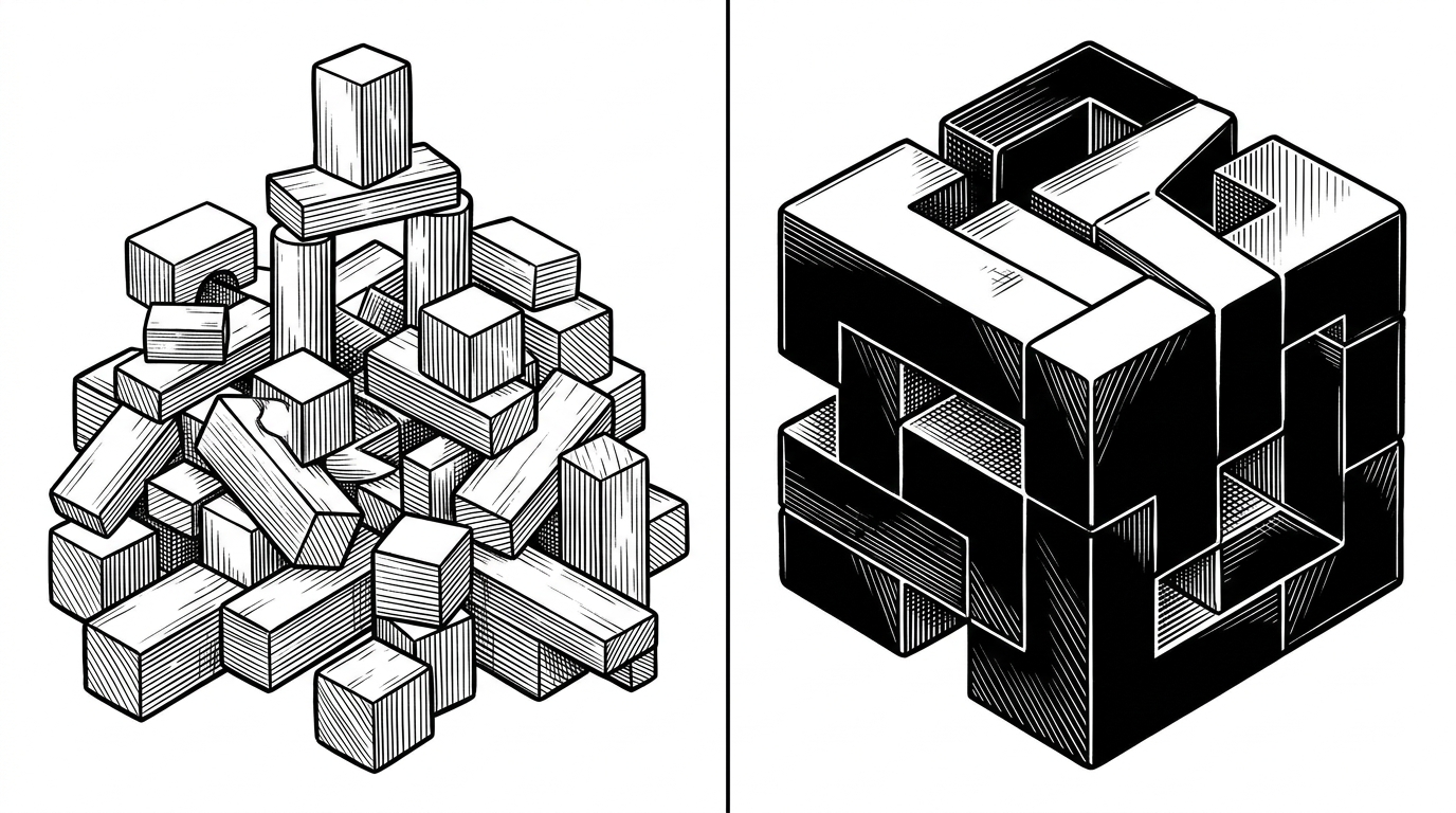 A split scene comparing generic building blocks to a highly specific, interlocking mechanism.