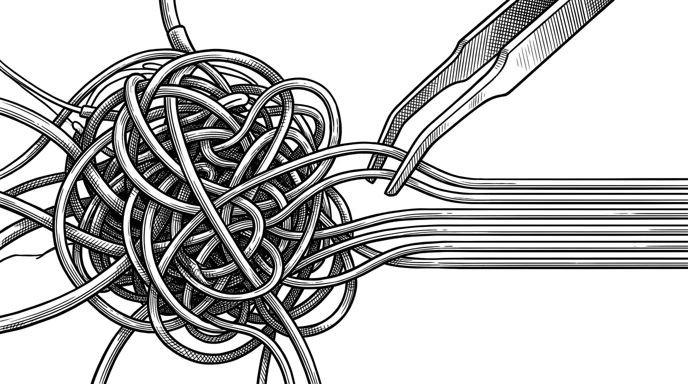 A close-up of a messy knot of wires being systematically untangled by a pair of robotic tweezers, laying them out into a perfectly straight, parallel sequence.