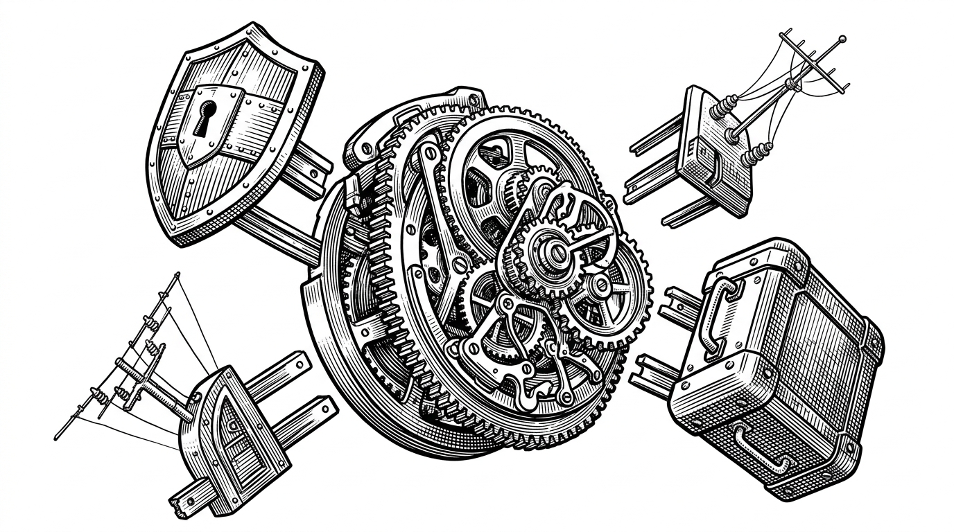 A wide-angle view of a central, glowing 'Core' gear floating in a void, with several smaller, distinct mechanical 'Modules' floating toward it, ready to click into place.