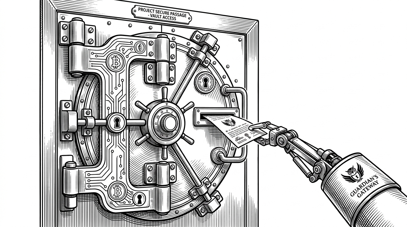 A massive steel bank vault door with a single, highly controlled mail slot. A small mechanical arm is passing a single scrutinized piece of paper through the slot. This illustrates LoongClaw's strict L1 security policy for AI agents.