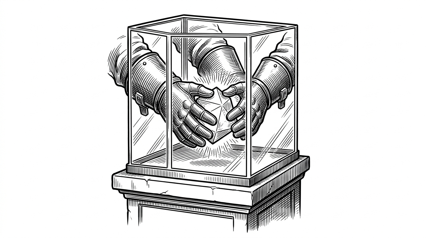 A pair of heavy lead-lined mechanical containment gloves reaching into a sealed glass box to manipulate a glowing geometric object. This represents LoongClaw's use of WASM to sandbox untrusted plugin code.