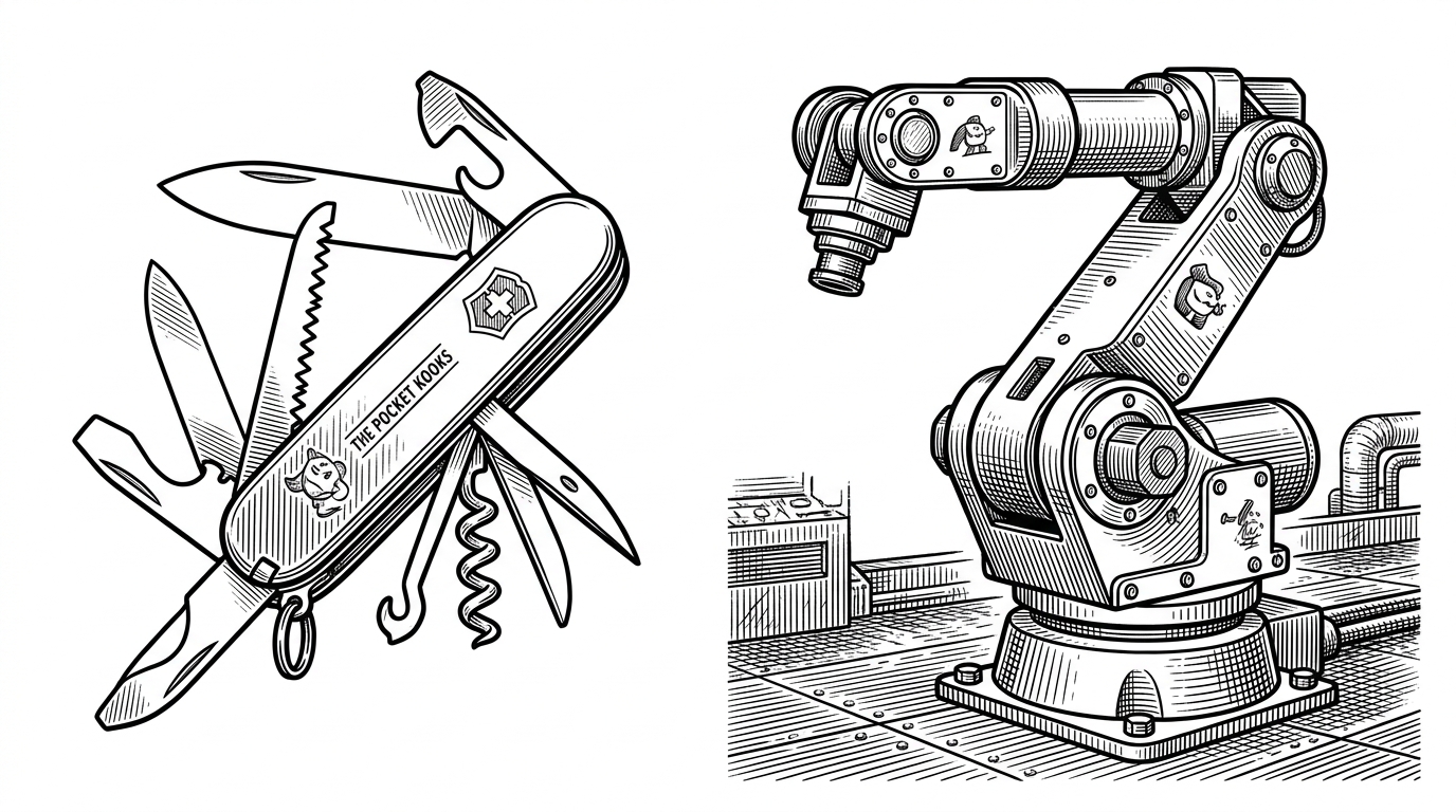 A split composition showing a sleek multi-tool pocket knife on the left and a heavy-duty bolted-down industrial robotic arm on the right. This contrasts OpenClaw's personal versatility with LoongClaw's enterprise stability.