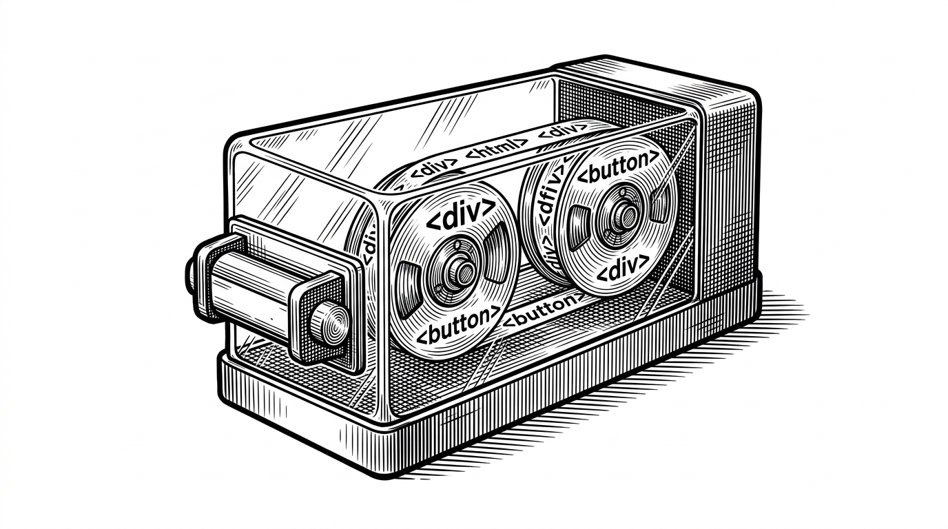 A vintage flight recorder with a transparent glass casing, revealing glowing HTML tags spinning on mechanical spools.