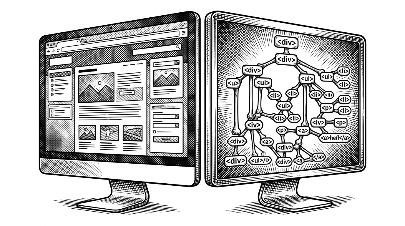 An X-ray view of a web browser, showing a slick user interface on the left and a skeletal DOM tree structure on the right.