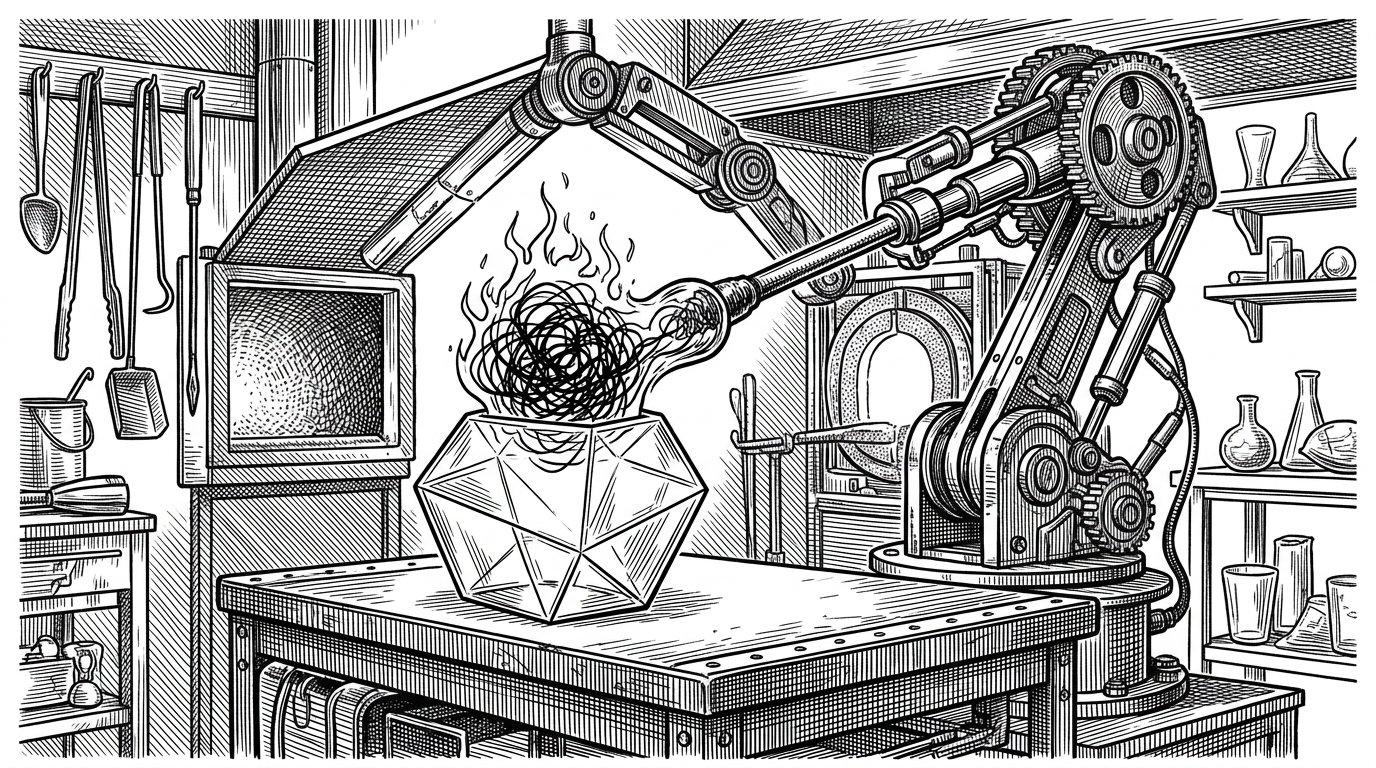 A mechanical arm presses a chaotic scribble into a geometric crystal mold, representing the crystallization of messy AI reasoning into permanent tools.