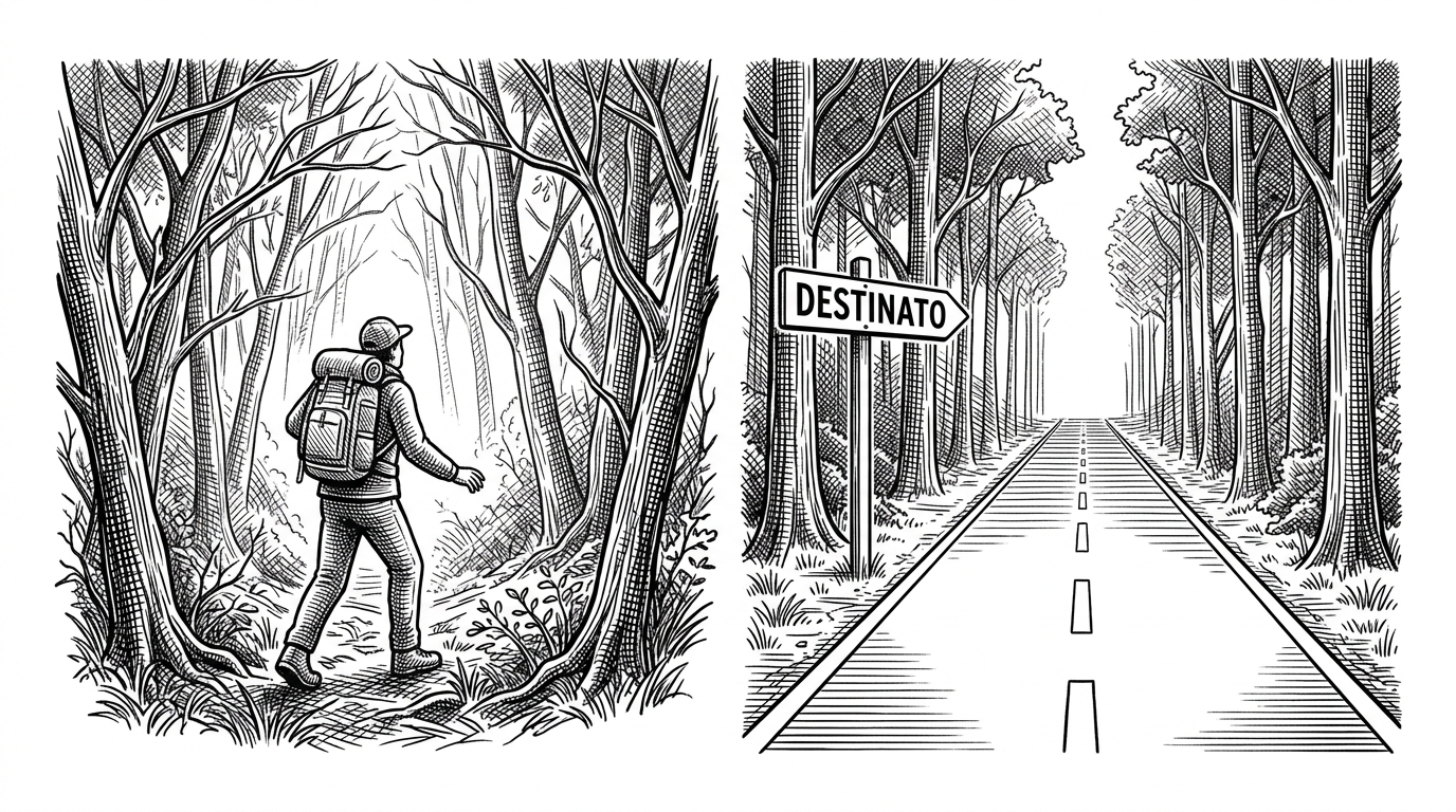A split illustration showing a hiker lost in a dense forest on the left, and a paved road through the same forest on the right, illustrating the shift from messy exploration to a permanent tool.
