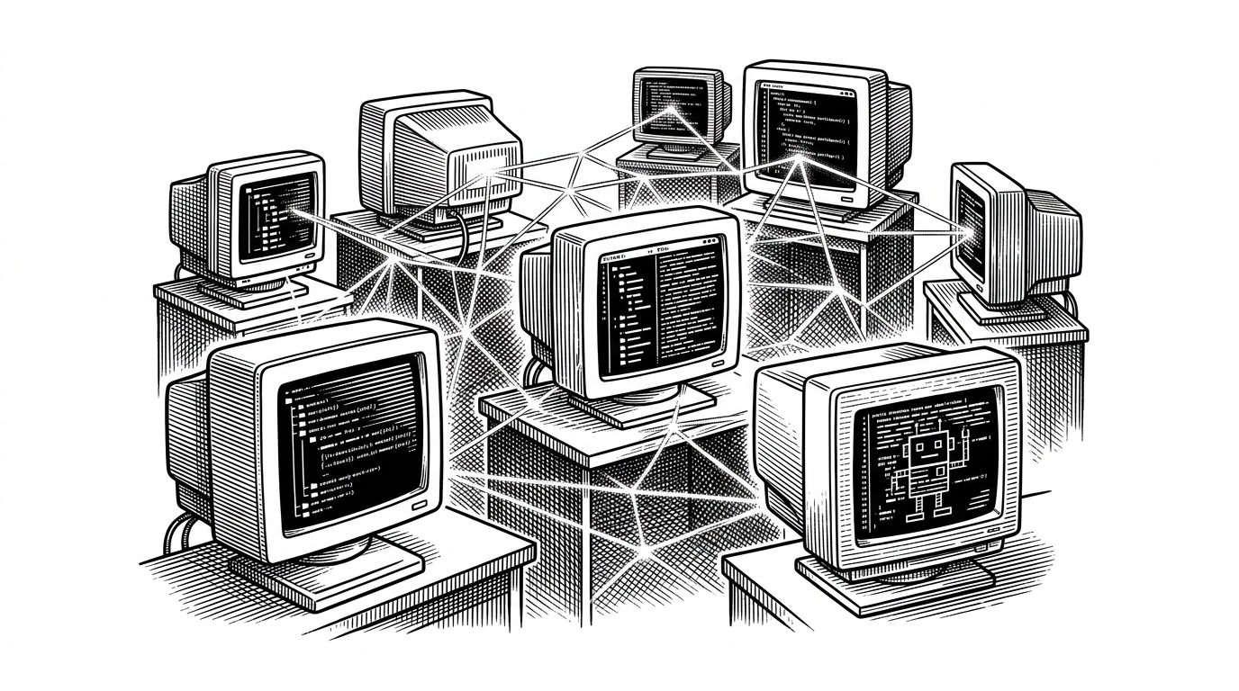 Several vintage CRT monitors connected by a glowing web of cables, representing a local mesh network of AI agents.
