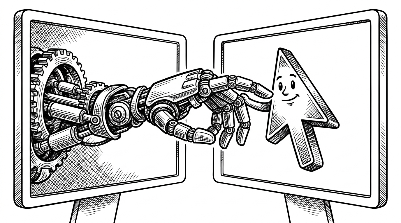 A mechanical hand reaching out from one terminal screen to gently tap the shoulder of a cursor in another screen.