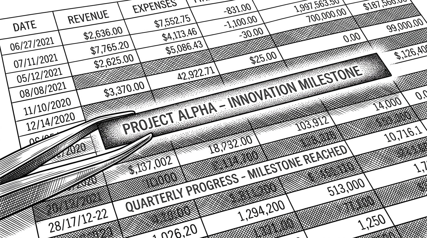 A close-up of a paper spreadsheet where one row is glowing with a different ink texture. It is held above the rest of the page by a pair of tweezers, indicating it has not yet landed on the paper.