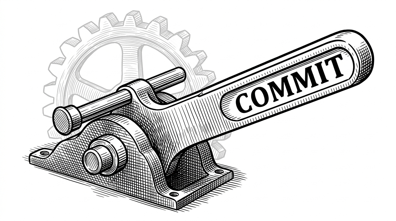 A heavy industrial lever labeled COMMIT being held back by a physical metal pin labeled ROLLBACK. A translucent ghost version of a gear shows where it would move without the pin.
