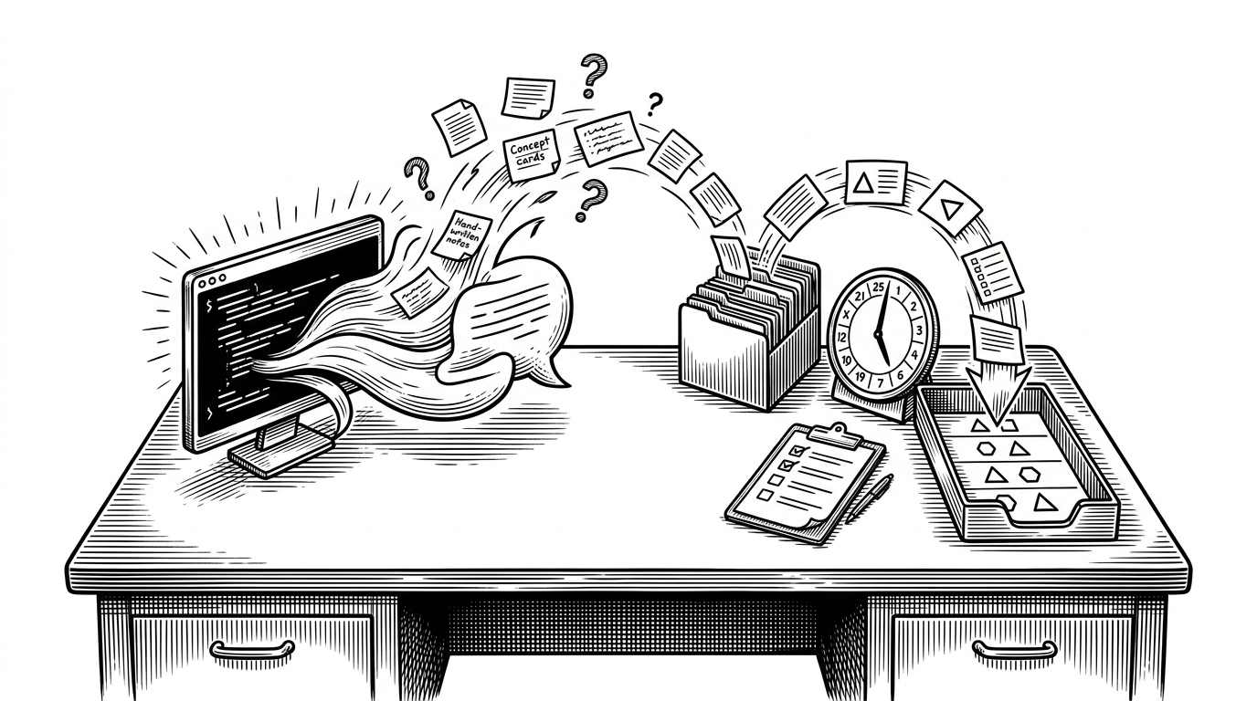 A wide editorial scene of a chat terminal on one side and a filing system on the other. Concepts flow out of the conversation as index cards, then settle into a calendar-driven review stack, showing how a spoken explanation becomes durable study material.