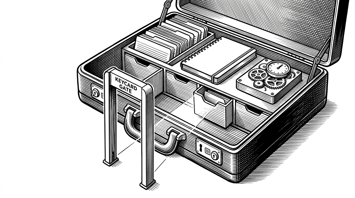 A close-up of a locked briefcase protected by a keycard gate. Inside are flashcards, project notes, and a clockwork scheduler, with separate drawers implying user-scoped storage and authenticated access.