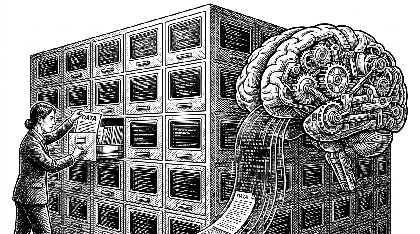 A massive filing cabinet where drawers are glowing terminal windows, and a mechanical brain is fed digitized paper files.