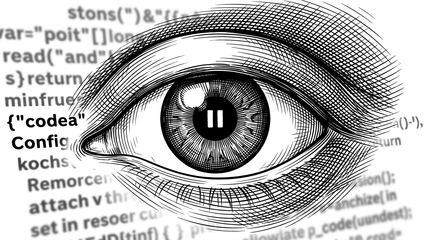 An extreme close-up of a human eye with a pause icon reflected in the pupil, staring at a single sharp line of code among blurred surroundings.