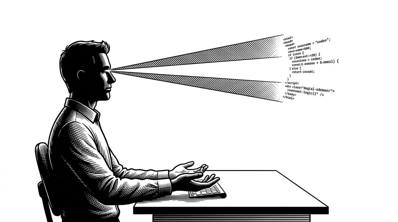 A wide shot of a developer's silhouette with crosshatched beams of light extending from their eyes to a specific floating block of code.