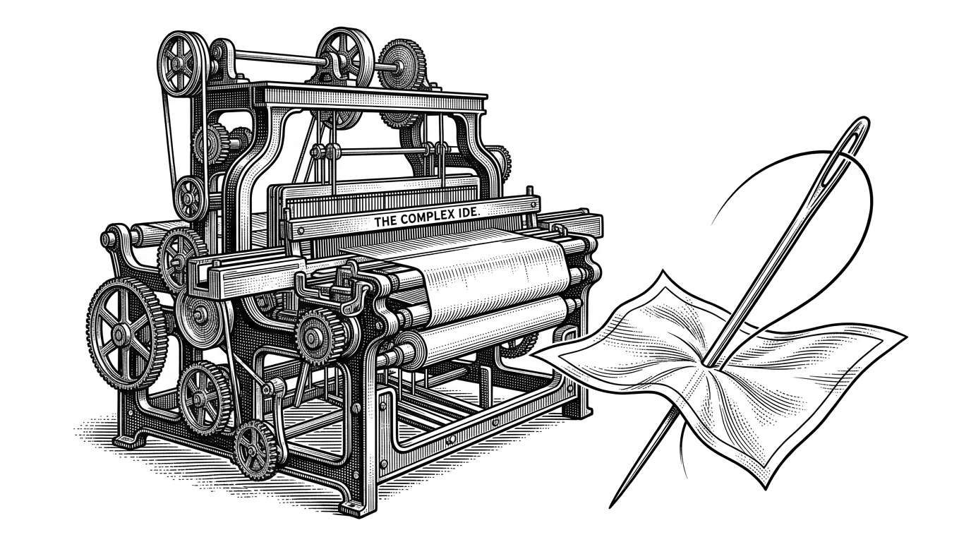 A massive mechanical loom representing a heavy IDE contrasted with a single sharp needle threading silk representing the CLI tool.