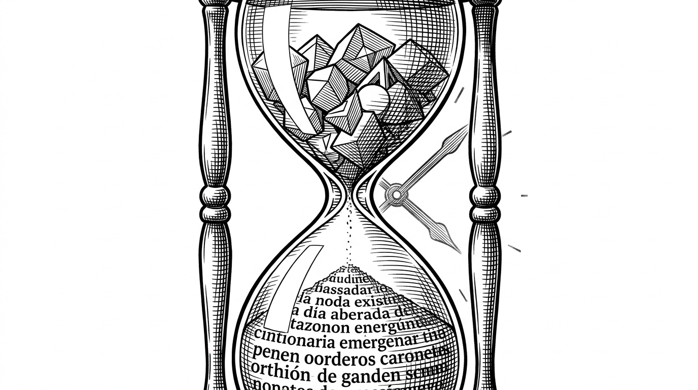 A vintage hourglass where the top bulb contains complex geometric shapes representing abstract philosophy, and the bottom bulb fills with perfectly ordered Spanish words. A clock hand is visible in the background.