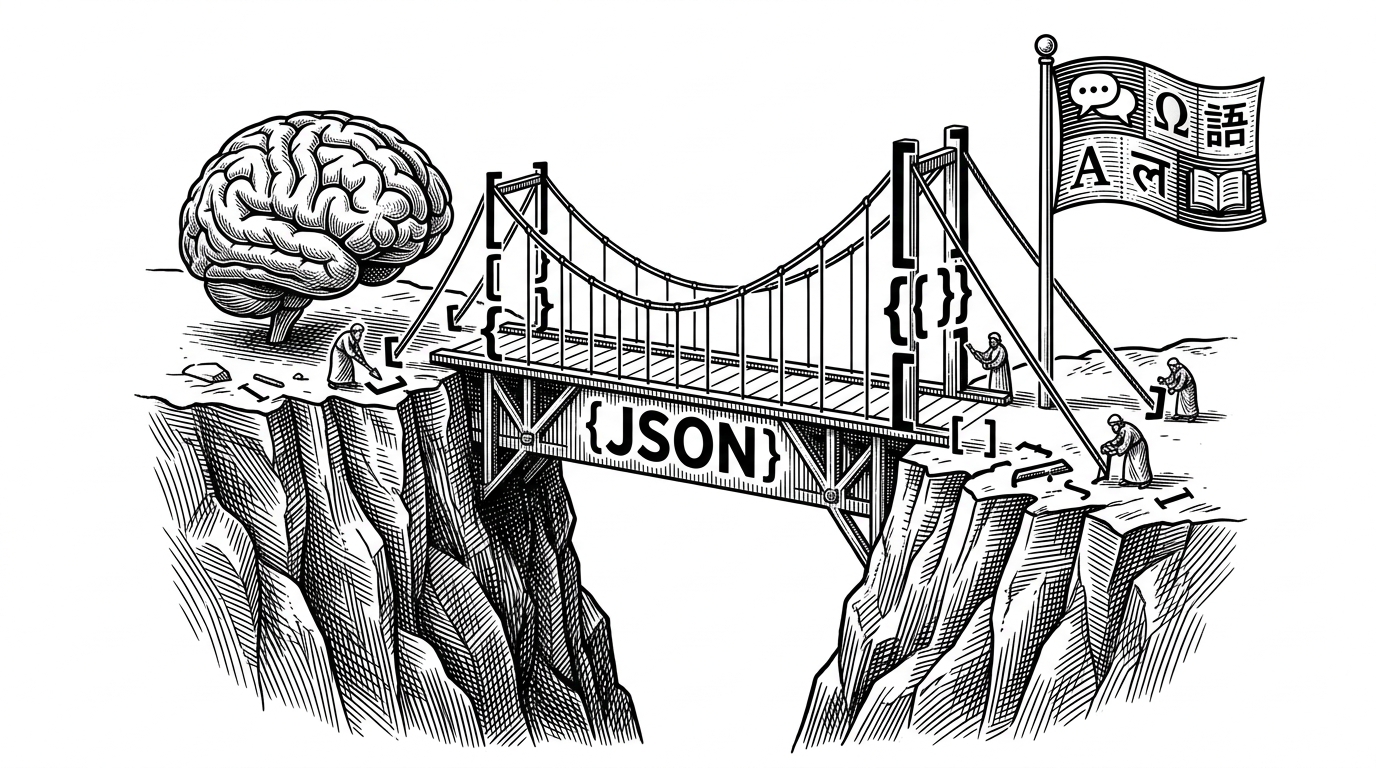 Two cliffs connected by a bridge made of rigid JSON brackets. On one side is a human brain, on the other is a Spanish flag.