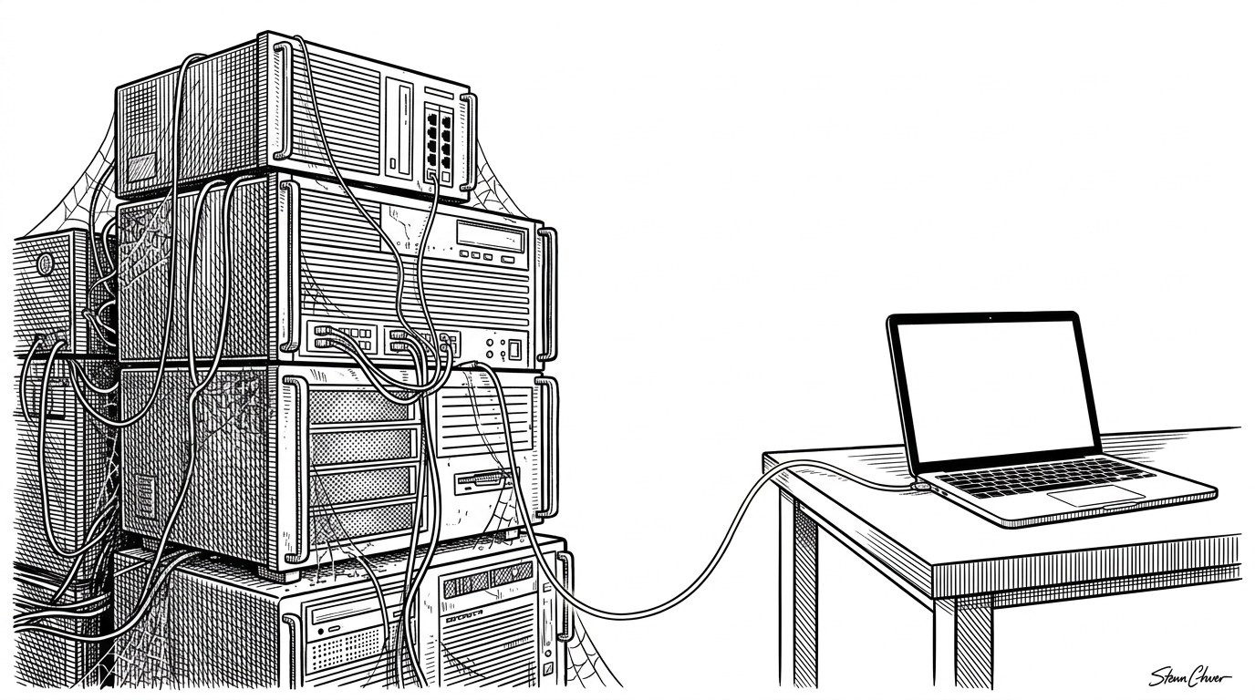Split illustration showing heavy server racks on one side and a minimalist laptop setup on the other.