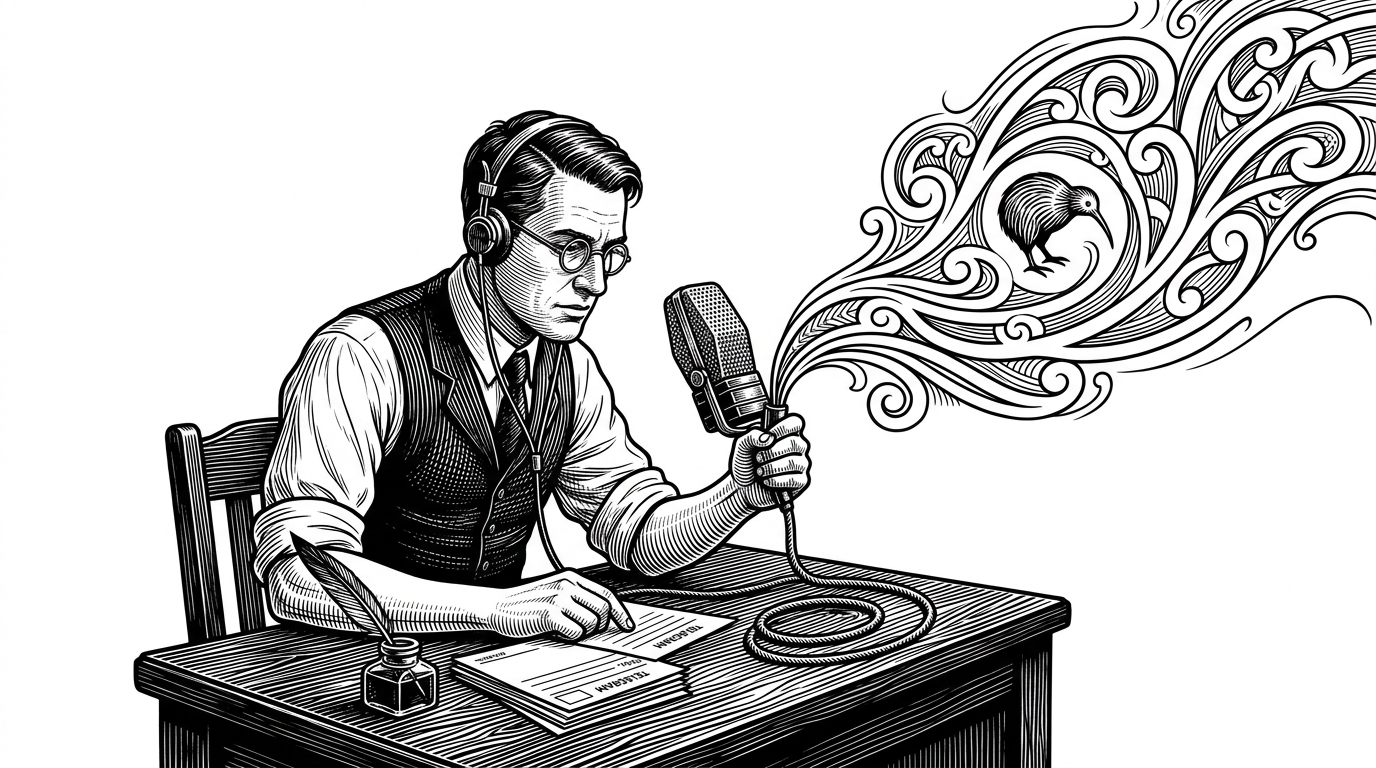 An illustration of a telegraph operator using a modern microphone, with wires transforming into Māori patterns.