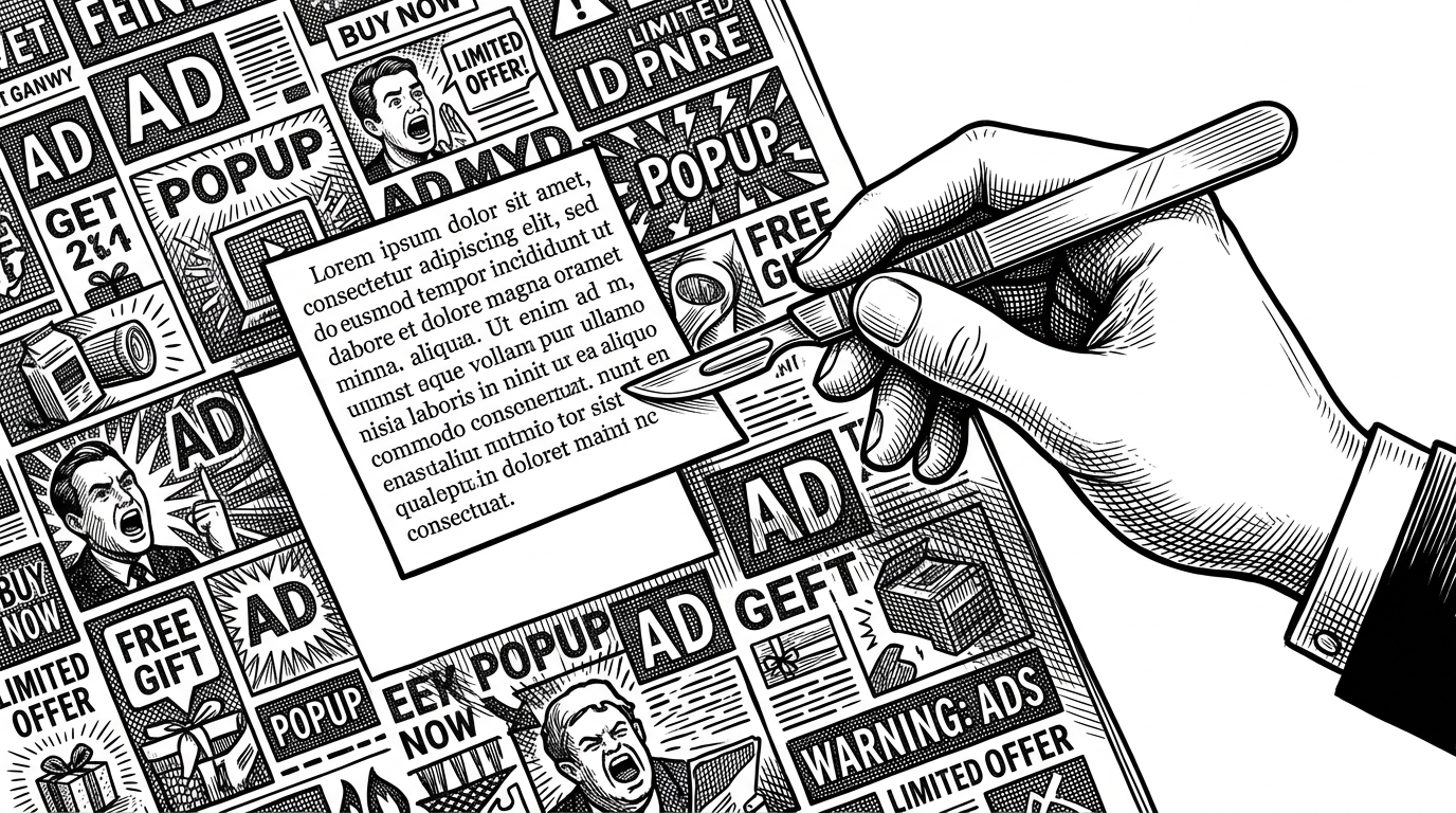 An illustration of a surgical scalpel lifting a clean paragraph of text from a cluttered page of ads.