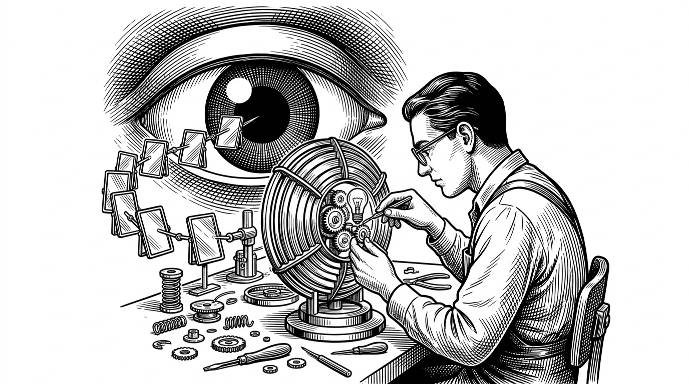 A person at a workbench assembling a complex lens from small gears and a lightbulb, bypassing a giant monolithic eye in the background.