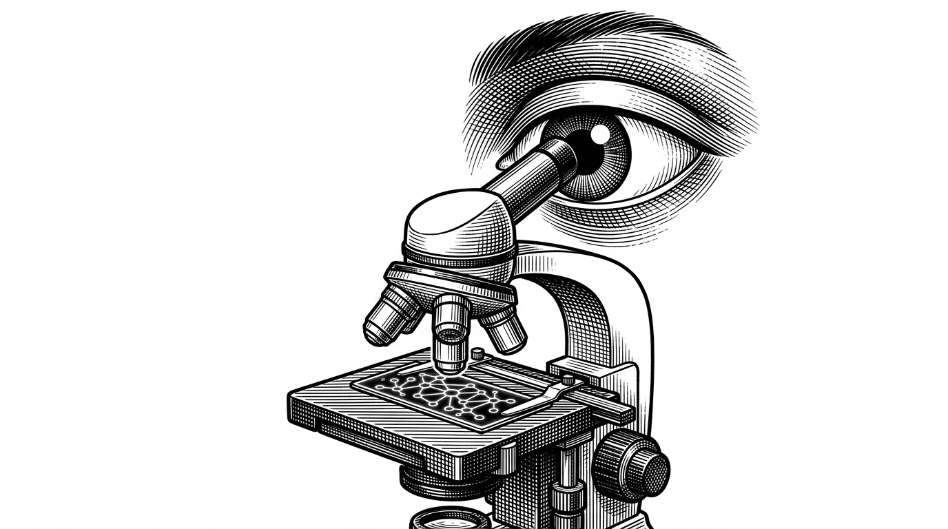A giant, stylized human eye looking through a microscope at an interconnected node-graph circuit instead of a biological cell.