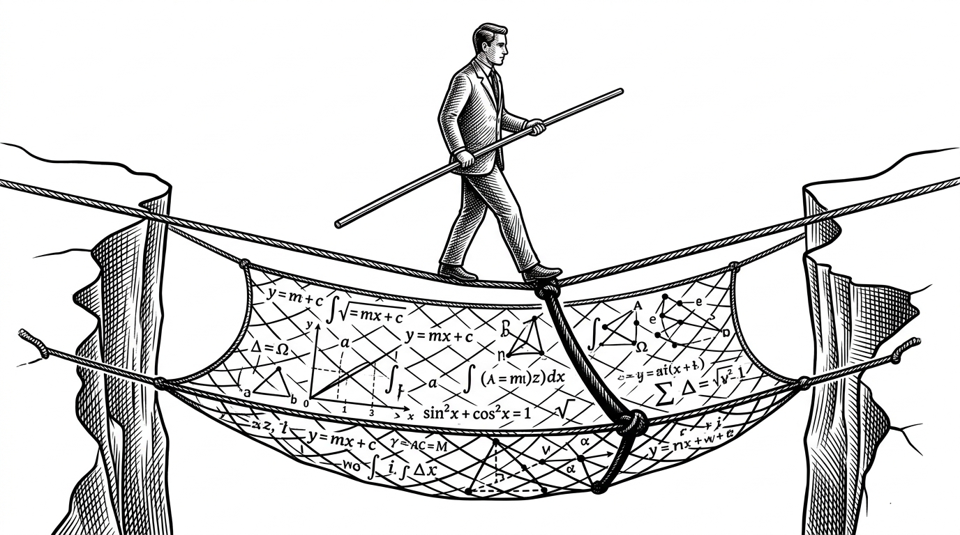 A tight-rope walker crossing a perilous gap above a safety net woven entirely from mathematical formulas.
