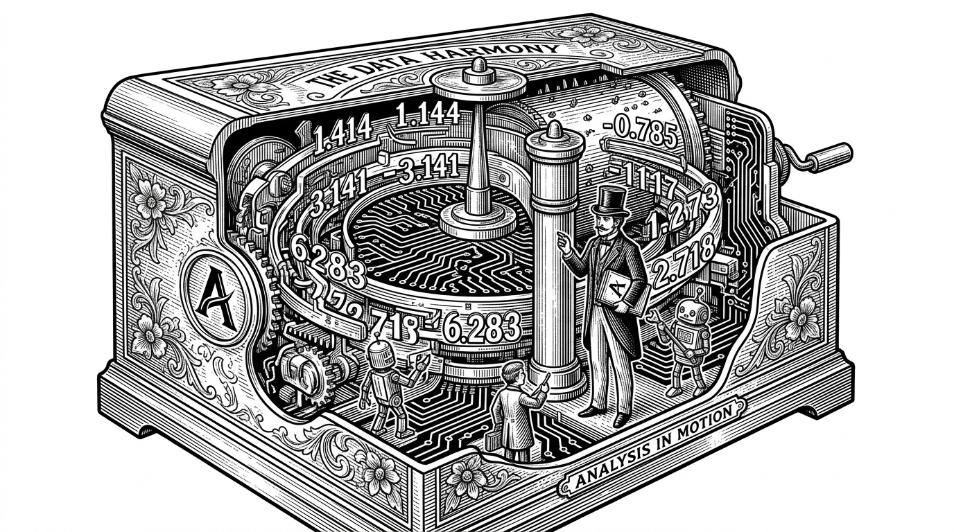 Anatomical drawing of a mechanical music box with internal gears replaced by floating numbers and silicon traces.