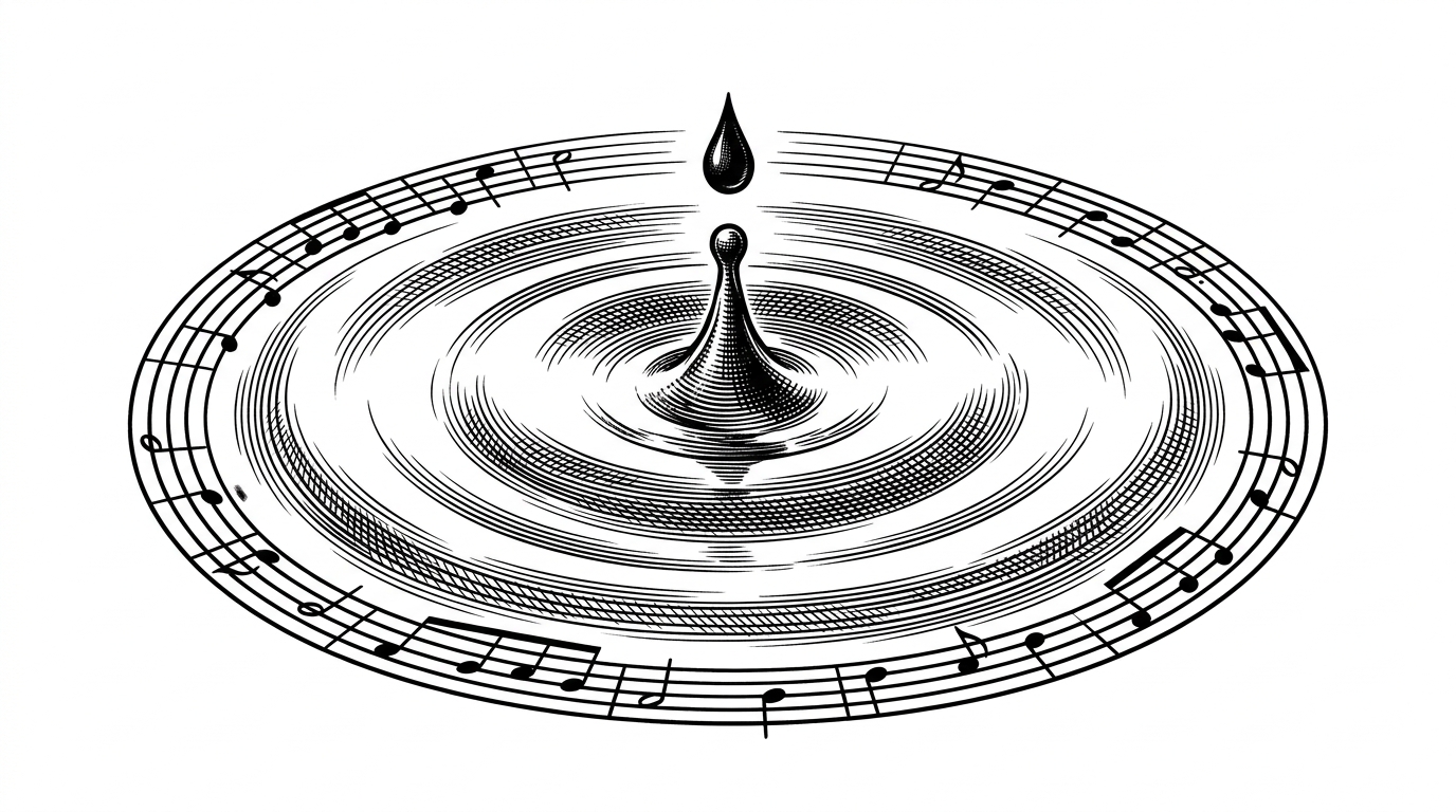 A single drop of ink falling into a clear pool of water, where the ripples transform into perfectly symmetrical, classical musical staves.