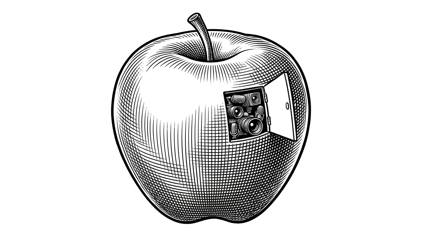 A mechanical apple with a small trapdoor revealing camera lenses and microphones hidden inside, rendered in black ink crosshatching.